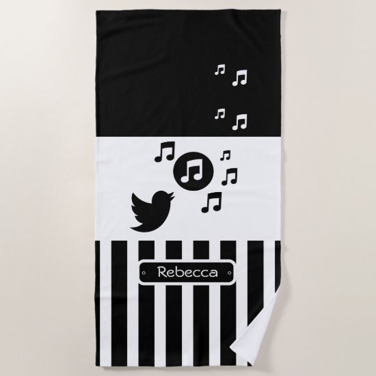 Stylish Songbird Black White Personalized Stripes Beach Towel