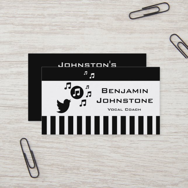 Stylish Songbird Black White Personalized Stripes Business Card (Front/Back In Situ)