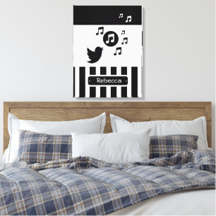 Stylish Songbird Black White Personalized Stripes Canvas Print