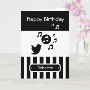 Stylish Songbird Black White Personalized Stripes Card