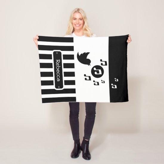 Stylish Songbird Black White Personalized Stripes Fleece Blanket