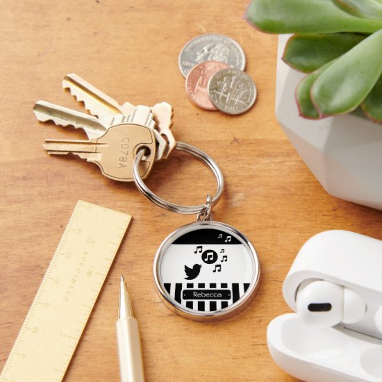 Stylish Songbird Black White Personalized Stripes Keychain