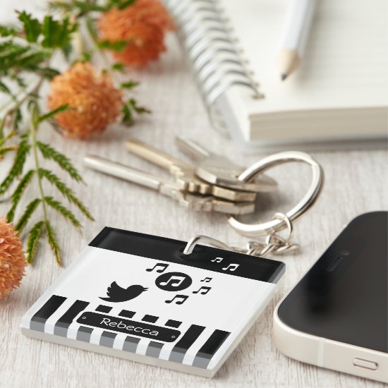 Stylish Songbird Black White Personalized Stripes Keychain