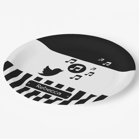 Stylish Songbird Black White Personalized Stripes Paper Plate