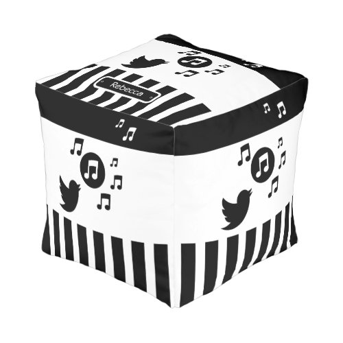 Stylish Songbird Black White Personalized Stripes Pouf