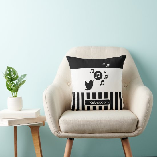 Stylish Songbird Black White Personalized Stripes Throw Pillow