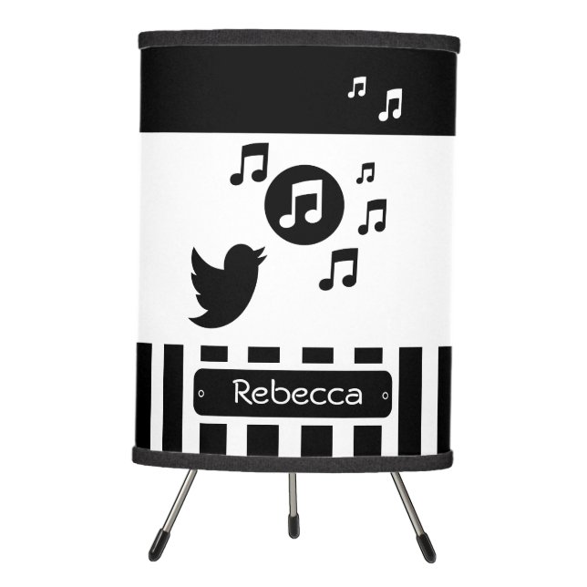Stylish Songbird Black White Personalized Stripes Tripod Lamp (Front)