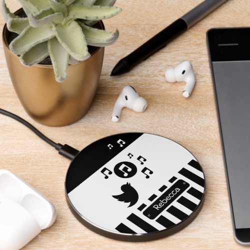Stylish Songbird Black White Personalized Stripes Wireless Charger