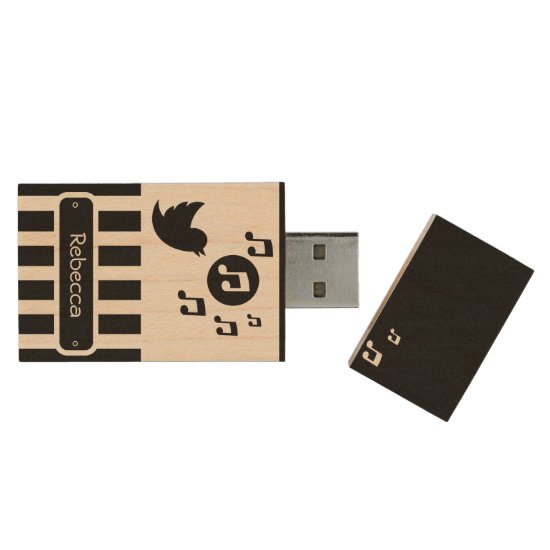 Stylish Songbird Black White Personalized Stripes Wood USB Flash Drive