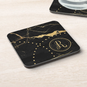 Stylish Sophisticated Black & Gold, Decorative R, Beverage Coaster