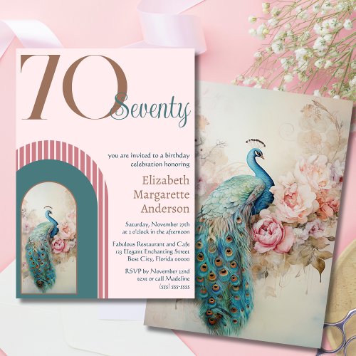 Stylish Sophisticated Blush Pink Peacock Birthday Invitation