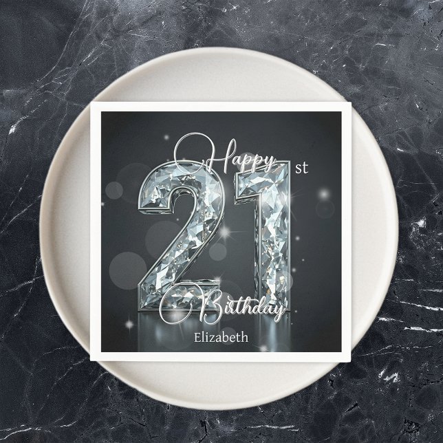 Stylish Sparkling Diamond on Black 21st Birthday Napkins (Creator Uploaded)