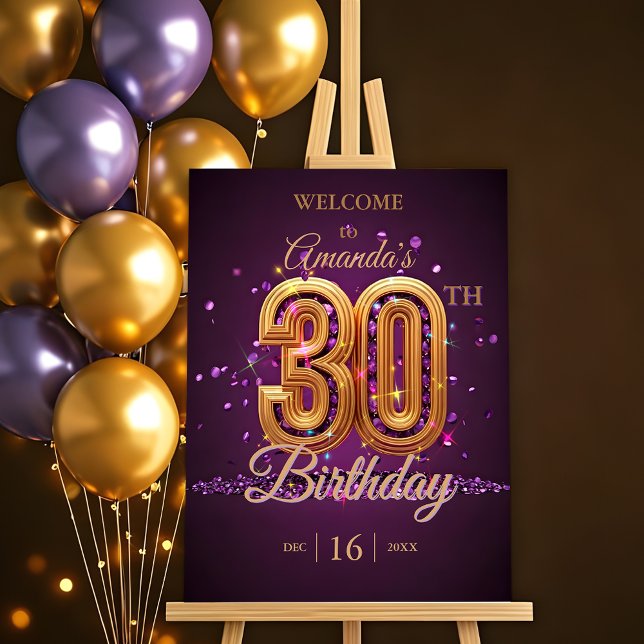 Stylish Sparkling Purple and Gold 30th Birthday Foam Board (Creator Uploaded)