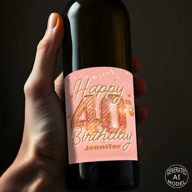 Stylish Sparkling Soft Pink & Gold 40th Birthday  Wine Label (Creator Uploaded)