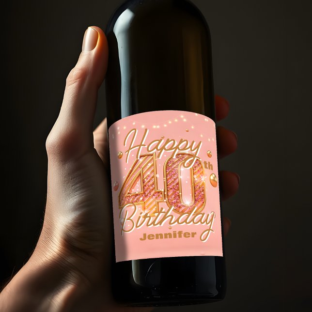 Stylish Sparkling Soft Pink & Gold 40th Birthday  Wine Label (Creator Uploaded)
