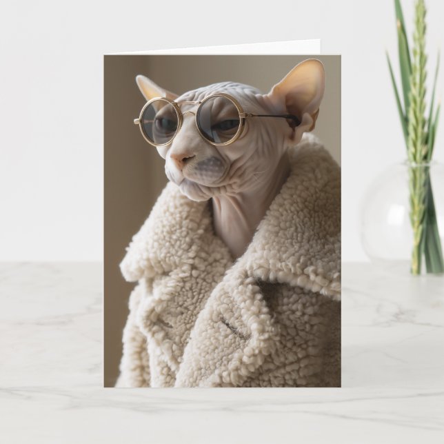 Stylish Sphynx Cat in Sunglasses and Sherpa Coat Invitation (Front)