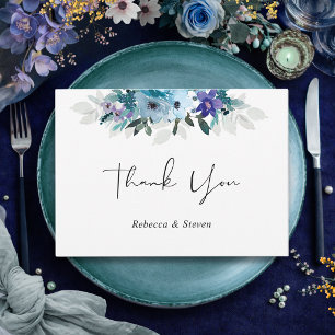 Stylish spring dusty blue purple floral wedding thank you card