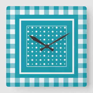 Stylish Square Wall Clock, Teal Check Gingham Square Wall Clock