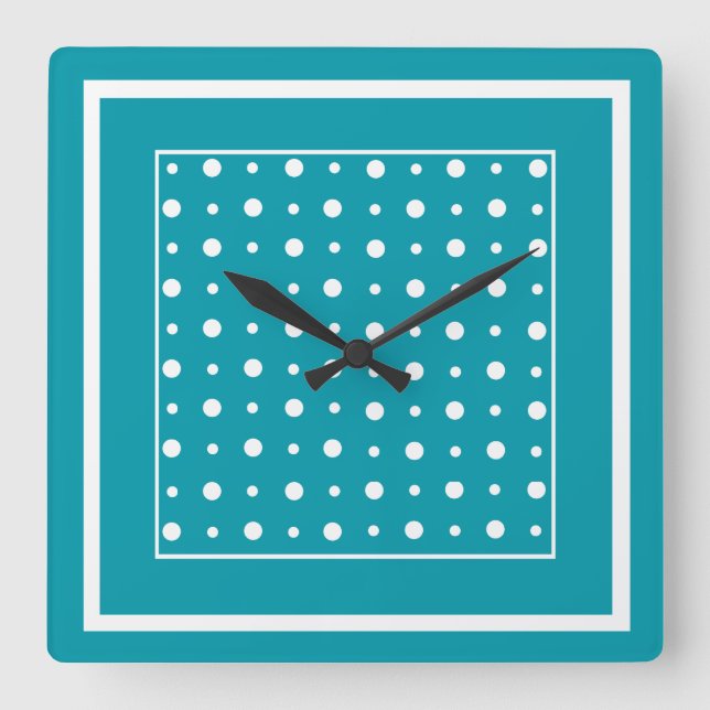Stylish Square Wall Clock White Polka Dots on Teal (Front)