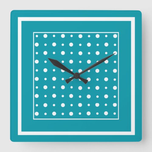 Stylish Square Wall Clock White Polka Dots on Teal