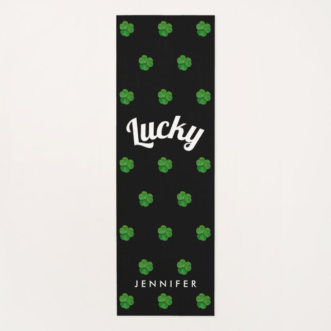 Stylish St. Patricks Day Black Green Lucky Clover Yoga Mat (Front)