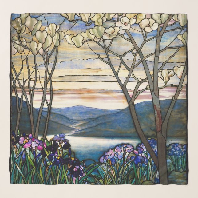 Stylish Stained Glass Magnolias Irises Art Nouveau Scarf (Front)