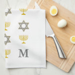 Stylish Star of David Menorah Jewish Monogram Kitchen Towel<br><div class="desc">Stylish, monogrammed Jewish-themed kitchen towel, showing faux gold and silver STAR OF DAVID and MENORAH in a tiled pattern against a white background. The bottom right hand corner has a CUSTOMIZABLE MONOGRAM so you can add your own initial. Ideal for Hanukkah and other Jewish-themed home decor. Choose from a wide...</div>