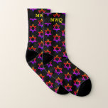Stylish | STAR OF DAVID | Monogram Black Hanukkah Socks<br><div class="desc">Stylish, black STAR OF DAVID HANUKKAH Socks, designed with a colorful Star of David in a vertical, tiled pattern. There is a customizable TRIPLE MONOGRAM, which you can PERSONALIZE with your own initials. The design is repeated on the inside and outside. Ideal gift for Christmas and Birthdays, and especially for...</div>