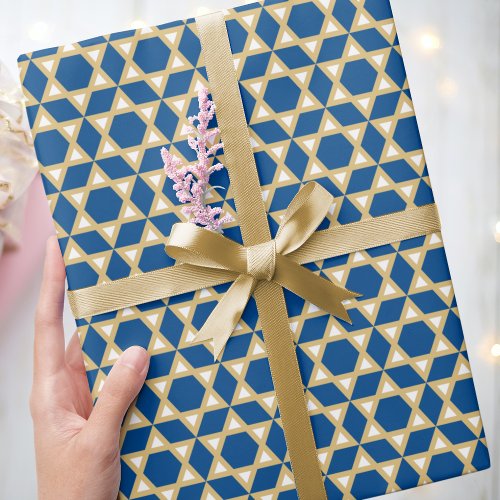 Stylish Star of David Pattern Blue White Gold Wrapping Paper