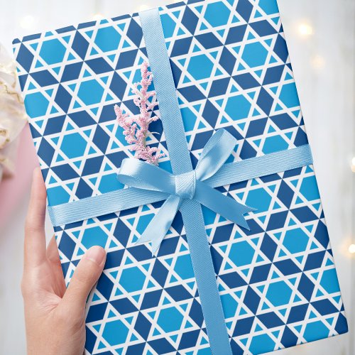 Stylish Star of David Pattern Blue White Wrapping Paper