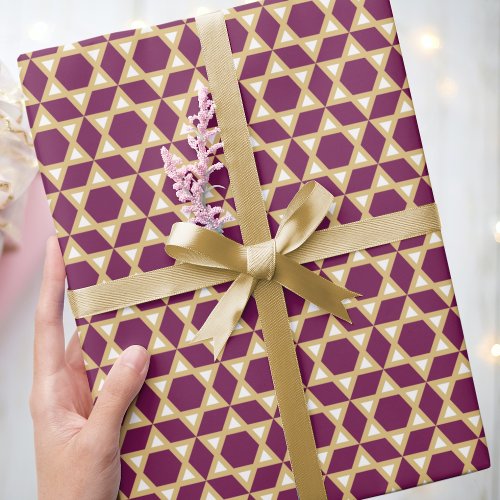 Stylish Star of David Pattern Plum White Gold Wrapping Paper