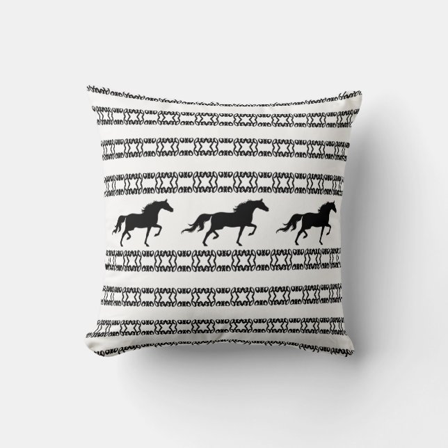 Stylish star pattern & horses in black & white throw pillow (Front)