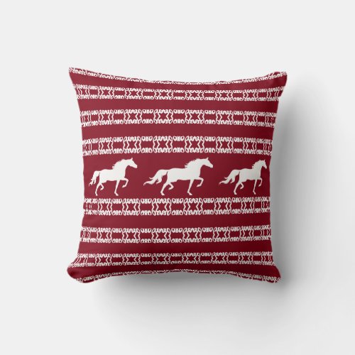 Stylish star pattern  horses in burgundy  white throw pillow