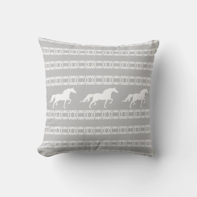 Stylish star pattern & horses in gray & white throw pillow (Front)