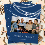 Stylish Star With Sparkling Lights Hanukkah Photo Holiday Card<br><div class="desc">Stylish strands of sparkling, magical and glowing white festive lights on a dark blue background decorate this whimsical and unique Hanukkah photo holiday card. A single star of david ornament hangs in the centre. Designed / original artwork by fat*fa*tin. Easy to personalize with your own text message, family name, year,...</div>