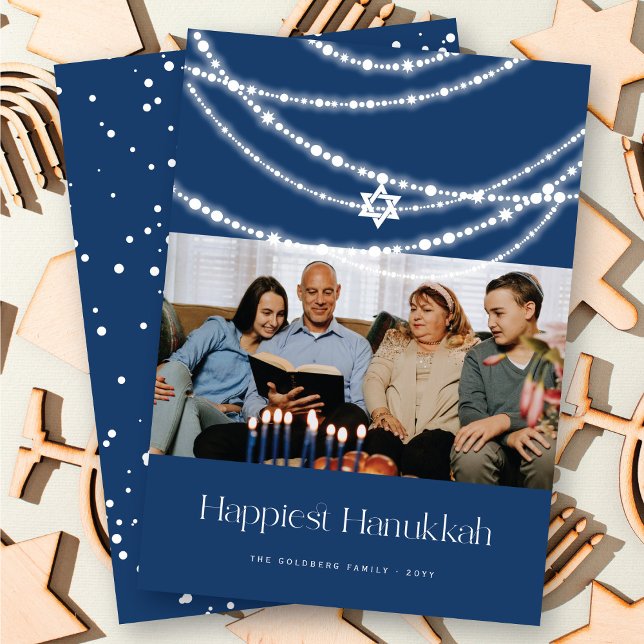Stylish Star With Sparkling Lights Hanukkah Photo Holiday Card (Creator Uploaded)
