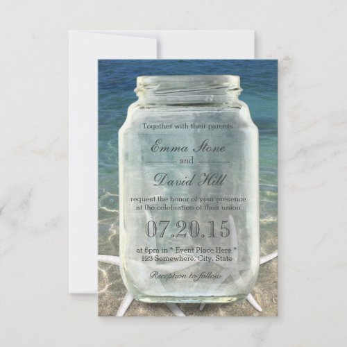 Stylish Starfish &amp; Mason Jar Blue Beach Wedding 3.5x5 Paper Invitation Card