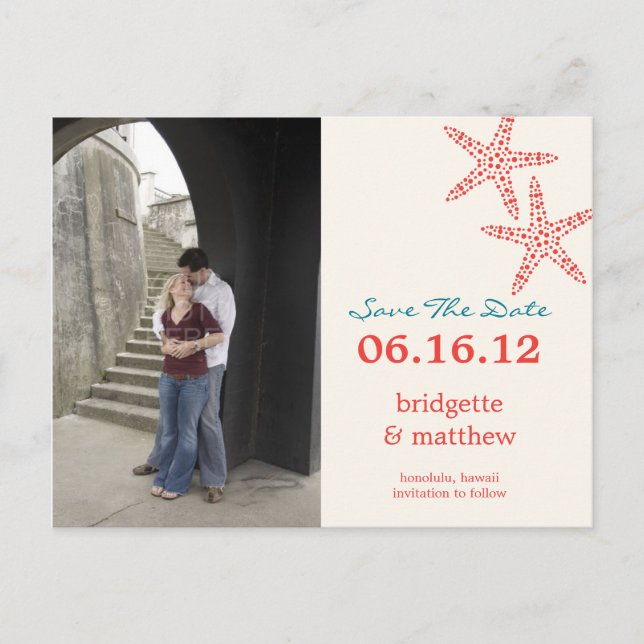 Stylish Starfish Photo Save The Date Postcard (Front)