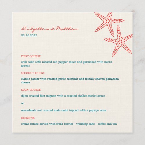 Stylish Starfish Wedding Menu Cards