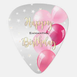 Stylish Starry Happy Birthday and Pink Balloons Guitar Pick