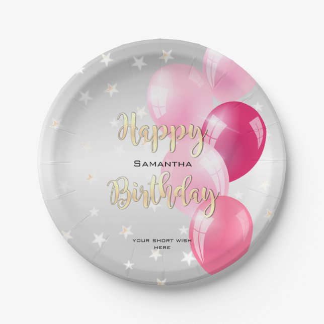 Stylish Starry Happy Birthday and Pink Balloons Paper Plates (Front)