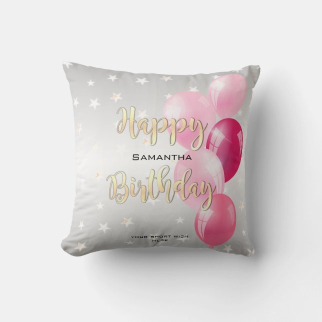 Stylish Starry Happy Birthday and Pink Balloons Throw Pillow (Front)