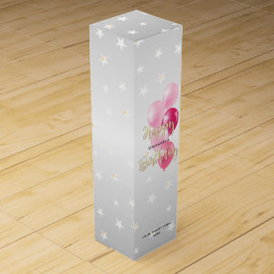 Stylish Starry Happy Birthday and Pink Balloons Wine Gift Box