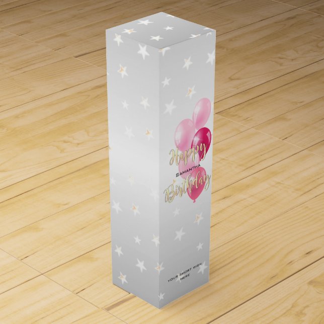 Stylish Starry Happy Birthday and Pink Balloons Wine Gift Box (Front)
