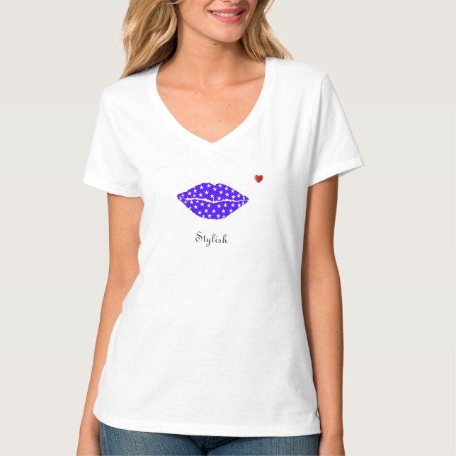 Stylish stars on blue lips with heart T-Shirt (Front)