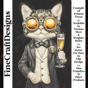 Stylish Steampunk Cat + Champagne AG9 Decoupage Tissue Paper