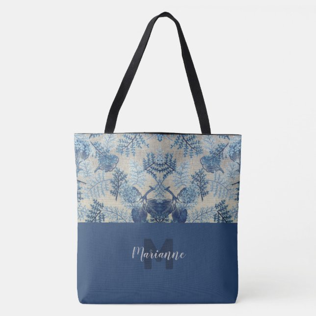Stylish Stitched Floral Monogrammed Tote Bag (Front)