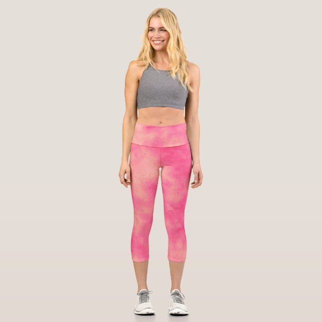 Stylish Storm cloud effect Pink Yellow Capri Leggings (Front)