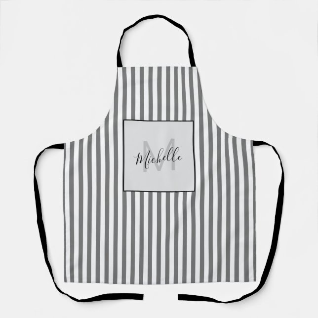 Stylish Striped Gray Monogram Apron (Front)