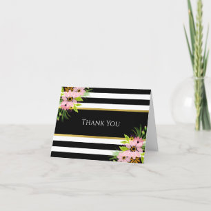 Stylish Striped Pink Floral & Gold Custom Thank You Card